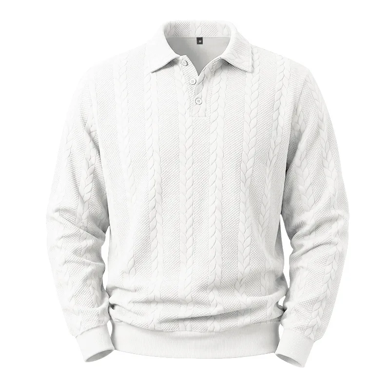 Herren Casual Langarm Polo Shirt Herbst Gestreickte Jacquard Textur Business Pendler Pullover Top Einfarbig Mode Bekleidung