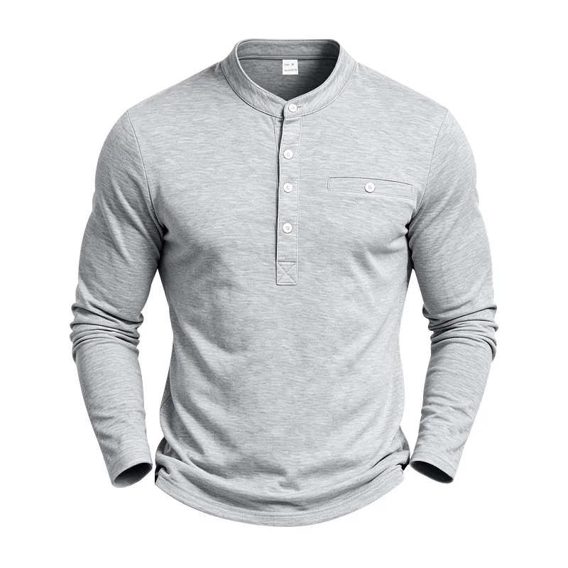 Herren Casual Langarm Henley Shirt Einstecktuch Atmungsaktiv Gestrickt Stehkragen Pullover Top Herbst Mode Bekleidung