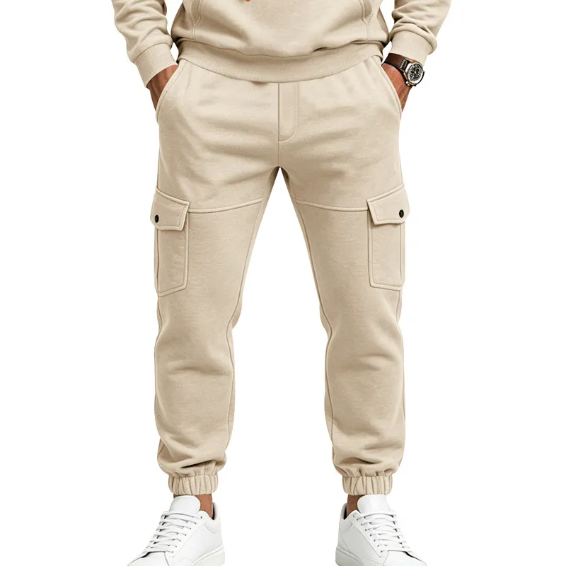 Men's Casual Fleece Lined Cargo Sweatpants Autumn Winter Loose Fit Jogger Pants With Pockets Drawstring Activewear