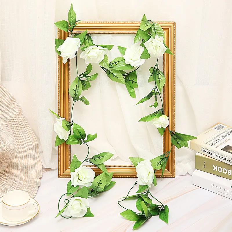 Artificial Rose Flower Rattan Silk Cloth Fake Garland For Wedding Arch Home Wall Decor Plant Vine