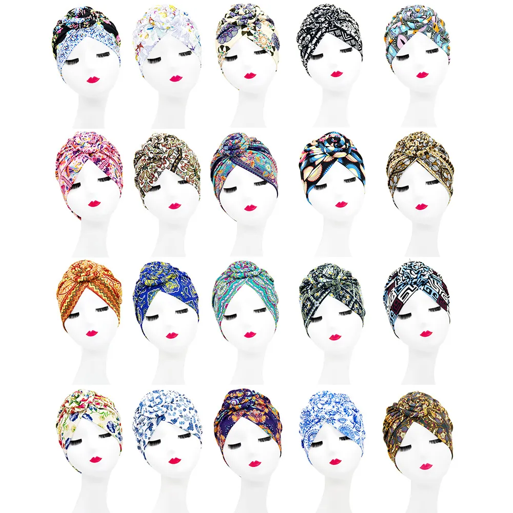 Women's Ethnic Style Turban Hat Vintage Floral Printed Swirl Flower Beanie Warm Windproof Elastic Head Wrap Cap