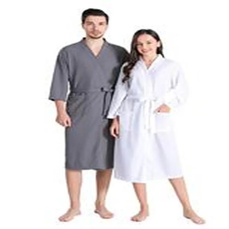 Unisex Casual Waffle Bathrobe Long Sleeve V-Neck Sleepwear With Belt And Pockets For Men And Women Daily Home Wear