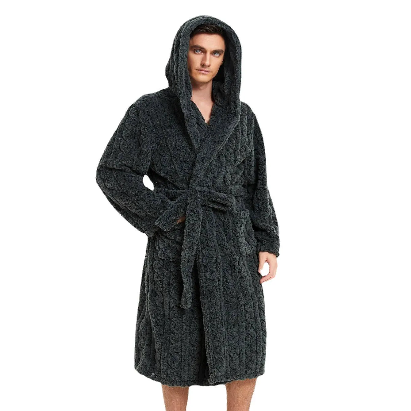 Men's Thickened Coral Fleece Bathrobe Winter Warm Long Hooded Sleepwear Casual Jacquard Couple Loungewear Robe