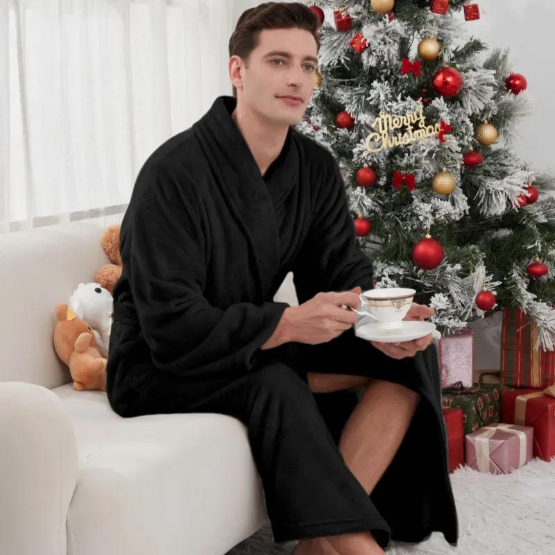 Albornoz Largo de Franela Unisex Pareja Cálido y Grueso Ropa de Dormir Invierno Manga Larga Cuello en V Bata con Cinturón Bolsillos