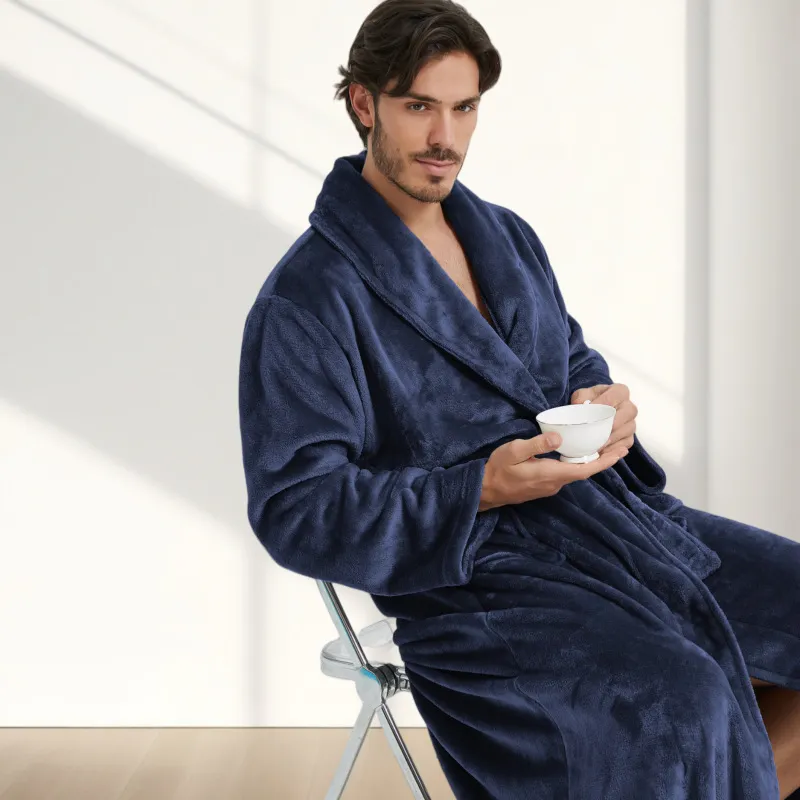 Unisex Flanell Morgenmantel Langarm Revers Bademantel Einifarbig Paar Winter Warm Schlafbekleidung Freizeitkleidung