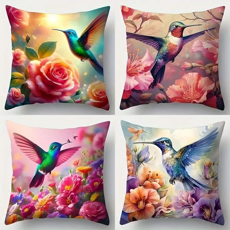 Housse de Coussin Carrée en Pluche Courte Motif Colibri Floral Peinture à l'Huile Vintage pour Canapé Maison