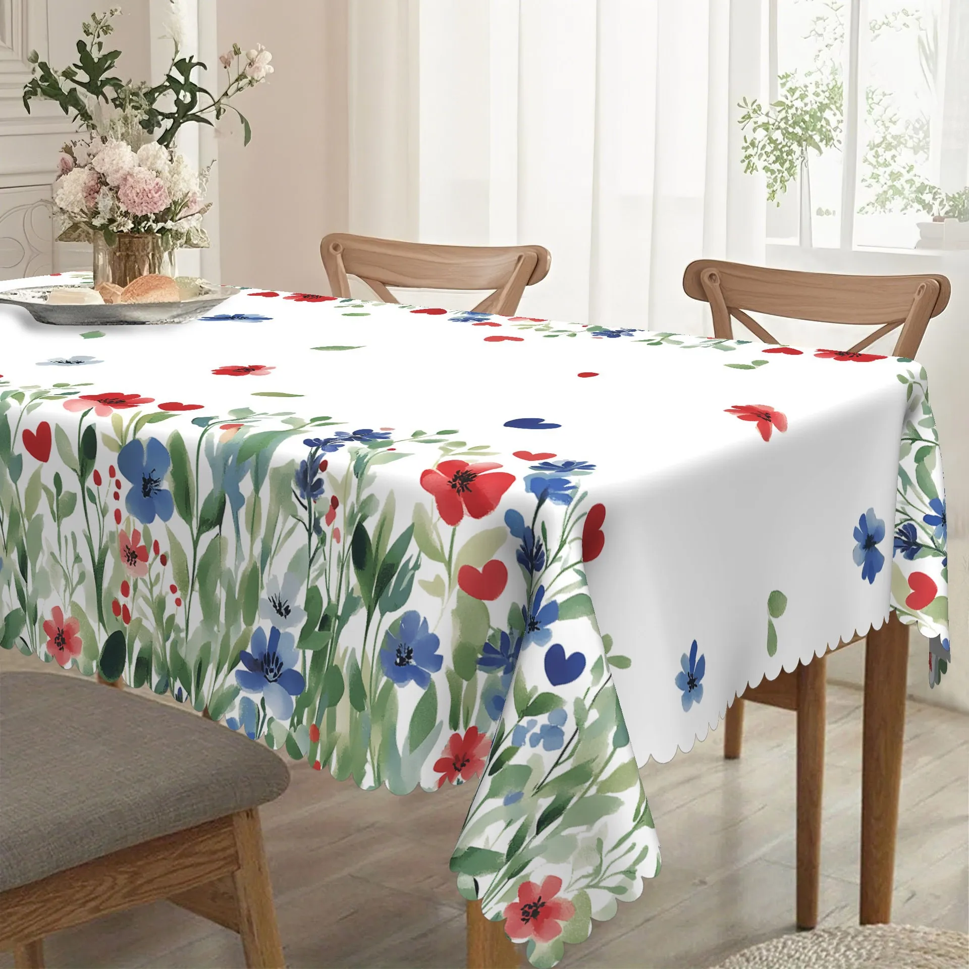 Mantel Floral Rojo Azul Día de la Independencia Patrón Corazón Bordes Festoneados Franela Nórdica Decoración Mesa Festiva