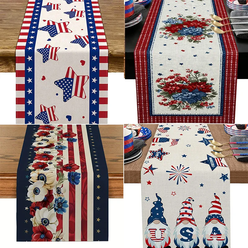 Runner da Tavola Patriottico Memorial Day Giorno dell'Indipendenza Lino Bandiera Americana Stelle Strisce Gnomo Decorazione Tavolo Cucina