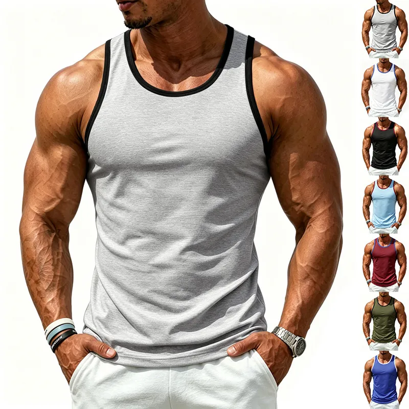 Heren Casual Atletisch Gym Fitness Tanktop Kleurenblok Sneldrogend Los Mouwloos Workout Singlet Polyester Sportkleding