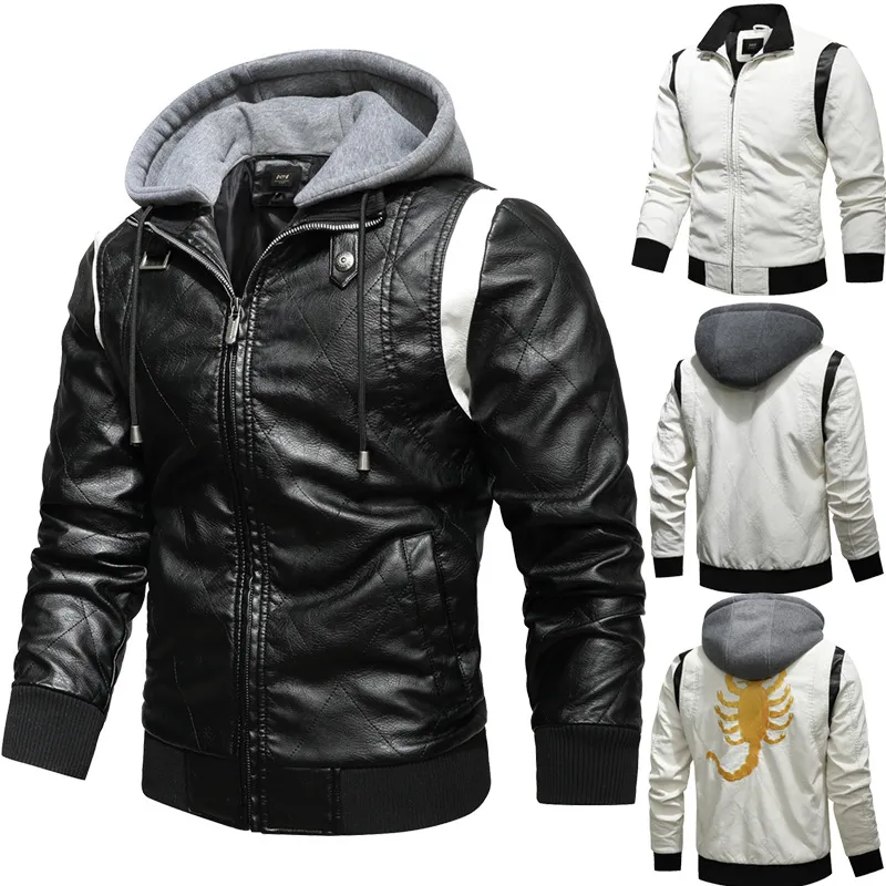 Men's Faux Leather Motorcycle Jacket Embroidered Scorpion Hooded PU Leather Coat Casual Outwear Windproof Biker Top