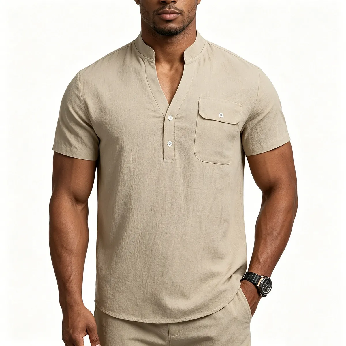 Heren Casual Linnenmix Henley Hemd Korte Mouw Effen Kleur Regular Fit Opstaande Kraag Zomer Woon-werkverkeer Basis Top