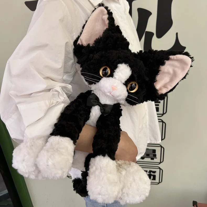 Simulation Devon Rex Cat Plush Toy Black And White Curly Hair Kitty Stuffed Animal Doll Soft Fluffy Pillow Gift
