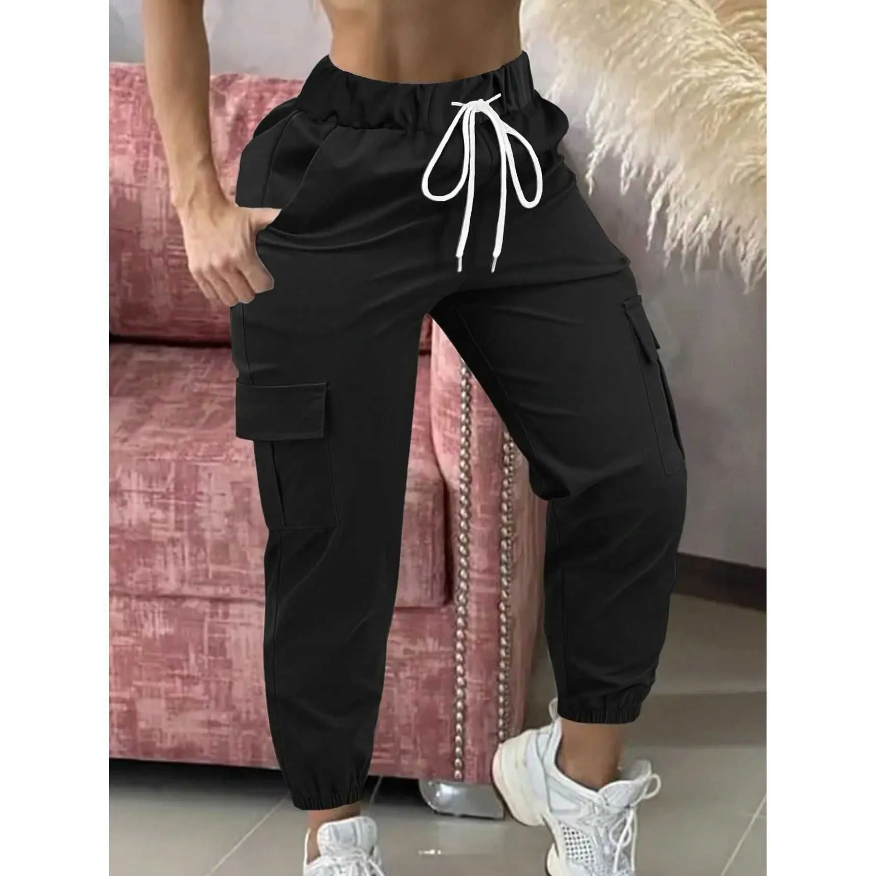 Women Cargo Pants Multi Pocket Drawstring Loose Fit Joggers Casual Cuffed Trousers Solid Color Sweatpants Streetwear