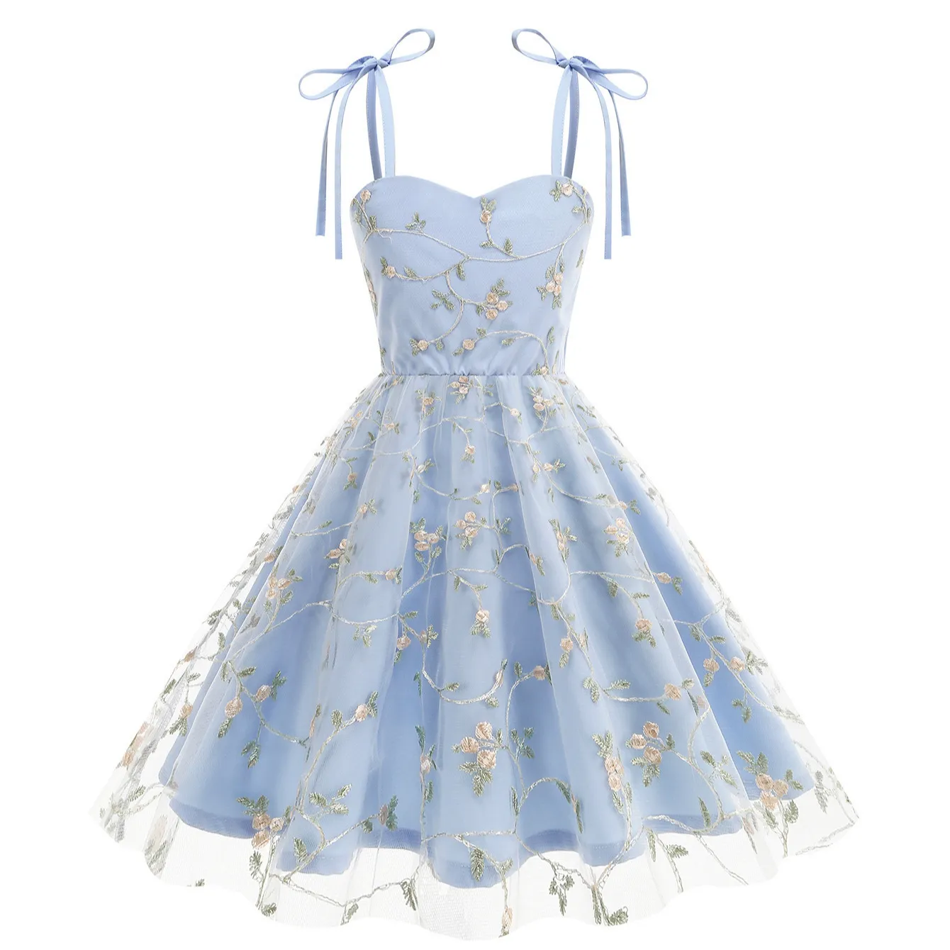 Girls Mesh Embroidered Bow Strap Dress Kids Elegant Floral Princess Party Ball Gown Sleeveless Tulle Dress For Children