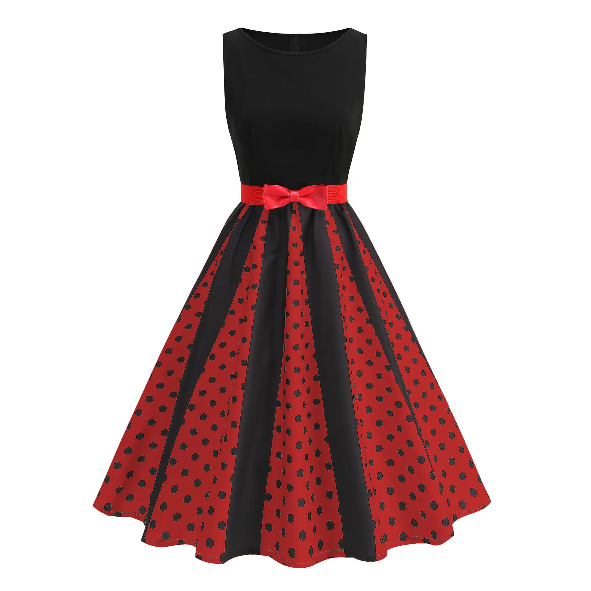 Women Vintage Polka Dot Patchwork Dress Elegant Sleeveless Big Swing Party Midi Dress For Halloween Christmas