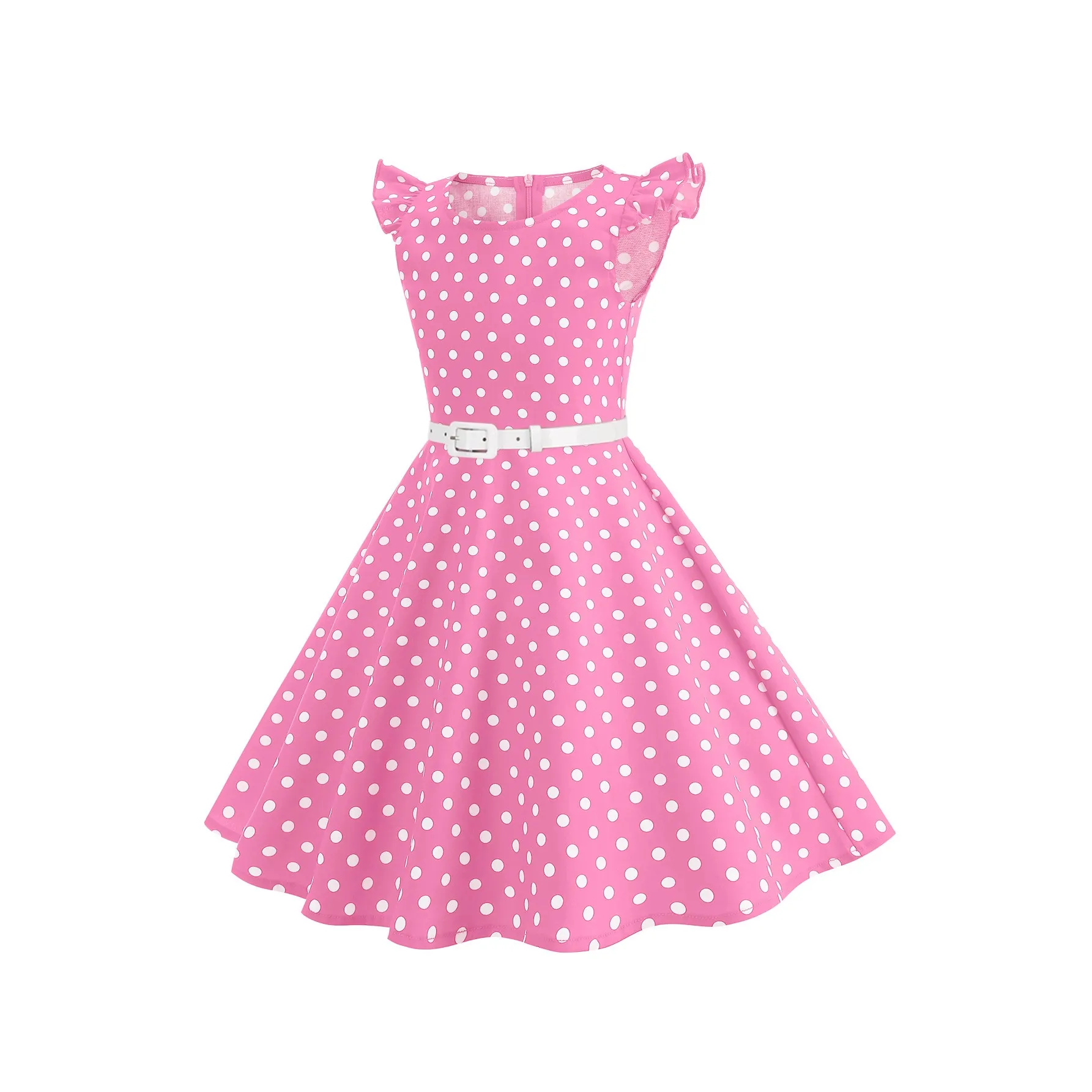 Robe d'été Vintage à Pois pour Filles en Polyester avec Manches Papillon Robe à Volants et Ceinture Robe de Soirée Princesse