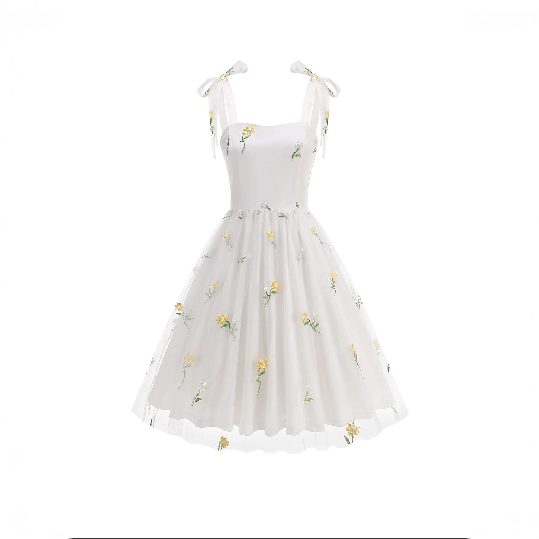Women French Style Daisy Embroidery Mesh Cami Dress Elegant Tulle Floral Midi Party Dress With Bow Straps For Vacation