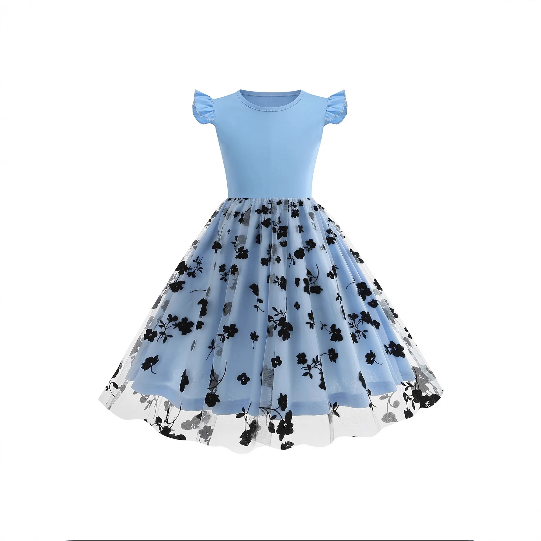 Girls Flocked Floral Mesh Dress Short Sleeve Round Neck High Waist Pleated Party Dress For Kids Sweet Tulle Princess Dress