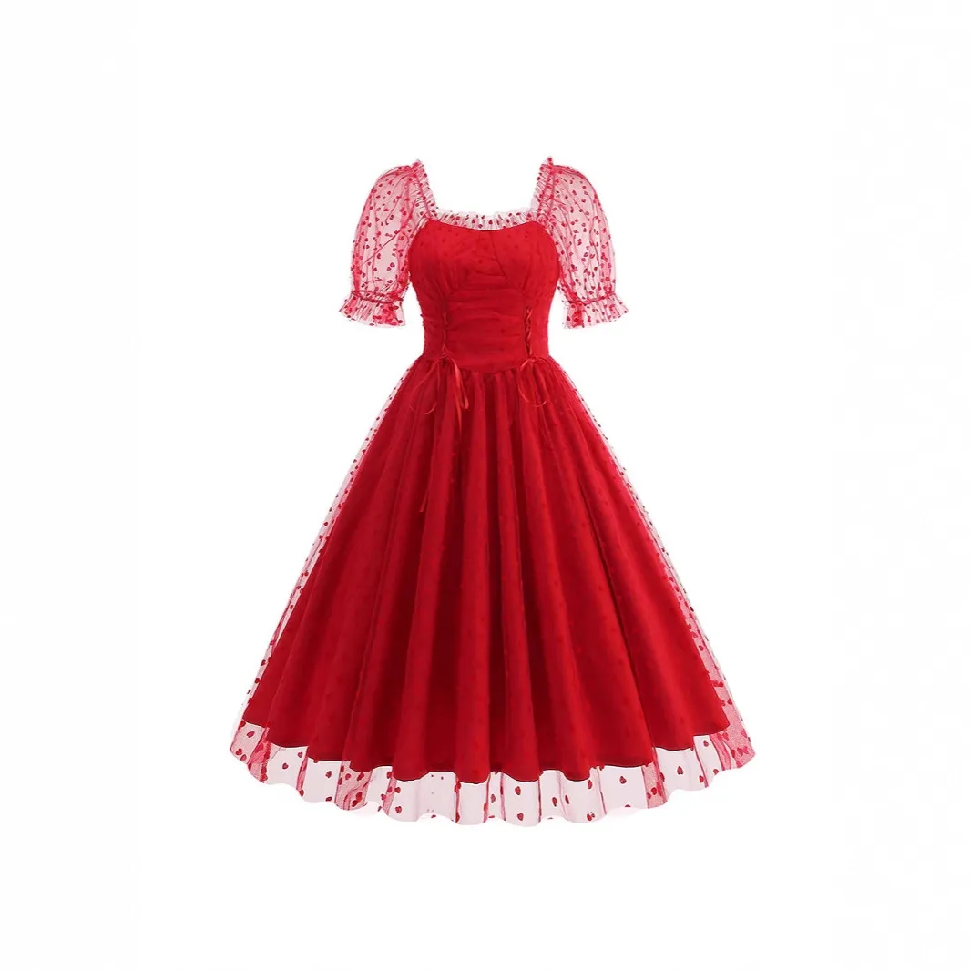 Robe Midi pour Femme en Maille Imprimé Cœur Rétro Français Manches Bouffantes Col en U Lacet Élégante Robe de Soirée