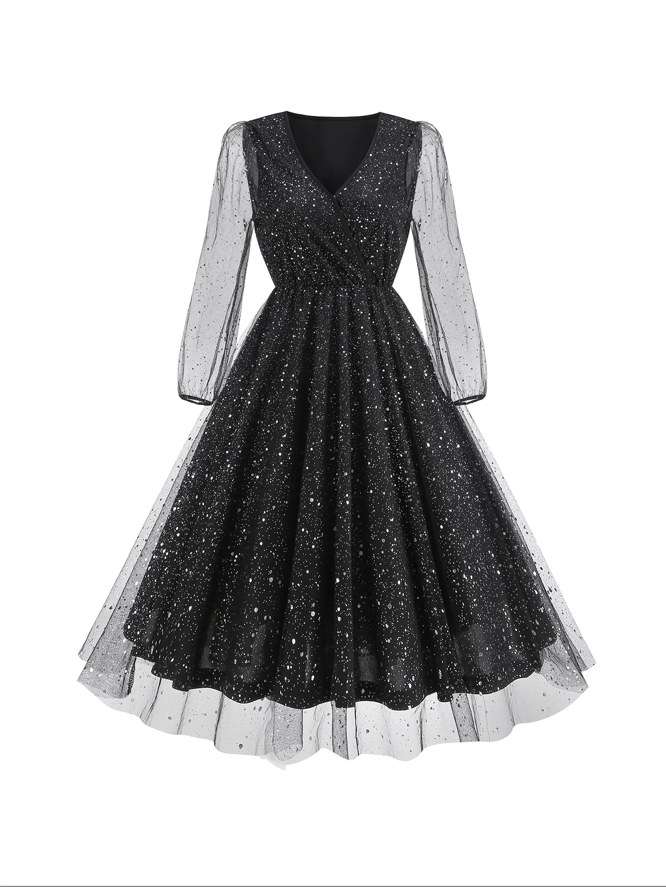 Women Sexy V Neck Mesh Patchwork Glitter Dress Vintage Starry Night Bodycon Maxi Dress Long Sleeve Evening Party Dress