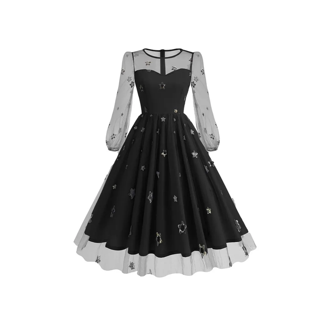 French Vintage Star Gold Stamping Mesh Midi Dress For Women Long Sleeve Splicing Tulle A-Line Party Gown Elegant Halloween Dress