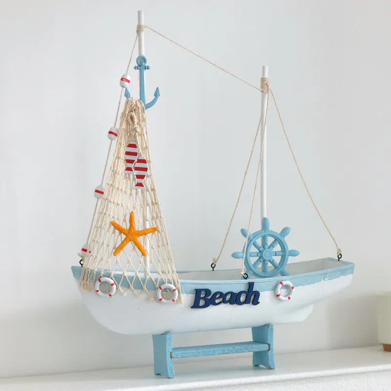 Modelo De Velero De Madera De Estilo Mediterráneo Decoración De Mesa Náutica Vintage Azul Y Blanco Adorno De Barco Para El Hogar Sala De Estar