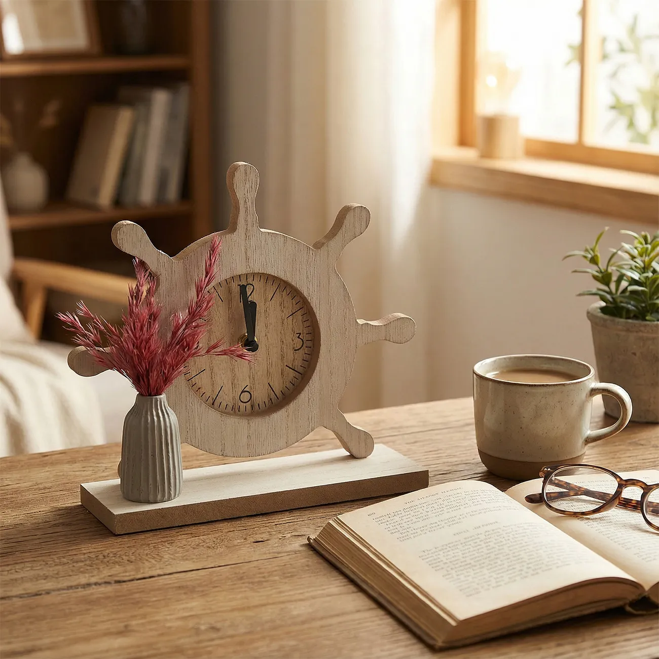 Handmade Creative Wooden Ship Wheel Desk Clock Nordic Style Desktop Ornament For Living Room Home Office Decor