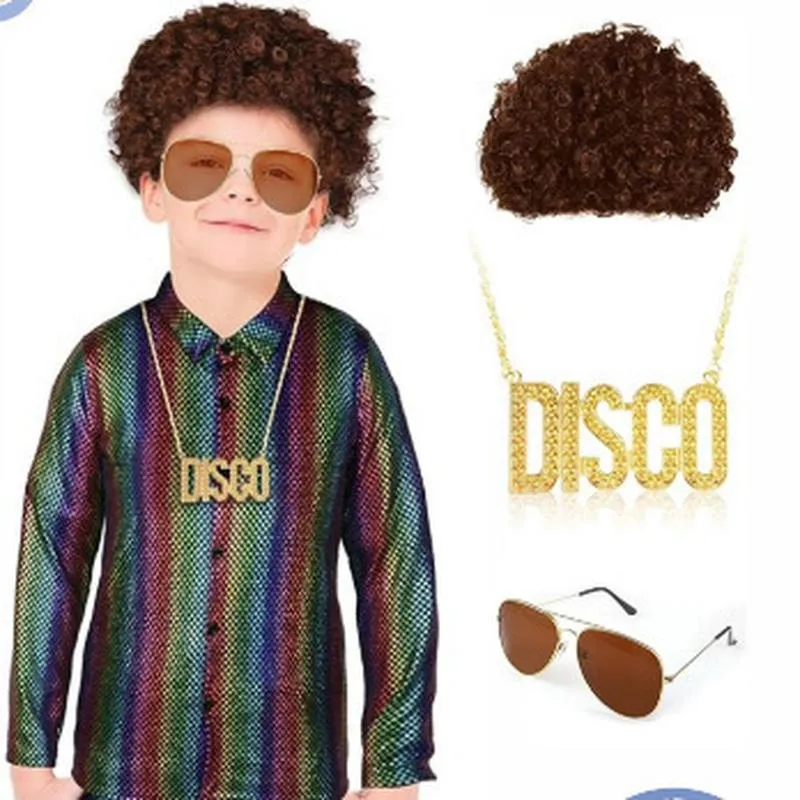 Kids 70s Disco Costume Sequin Shirt Top And Bottom Set Boys Retro Party Cosplay Stage Performance Outfit