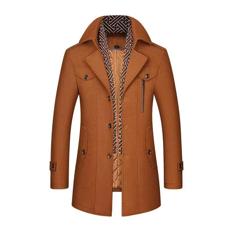 Men's Wool Blend Trench Coat Winter Warm Single Breasted Overcoat With Scarf Collar Business Casual Long Outerwear