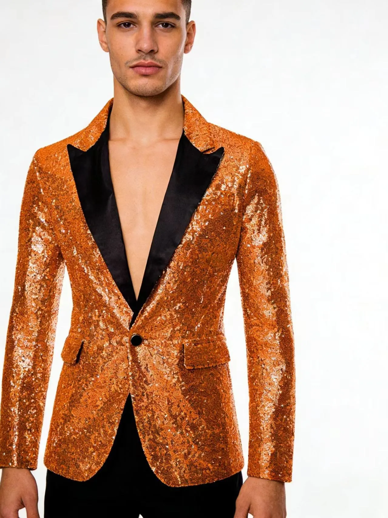 Chaqueta de Traje con Lentejuelas para Hombre Un Botón Solapa Blazer Brillante para Actuación Fiesta