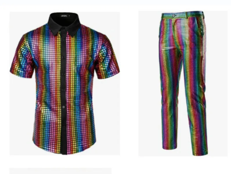 Men's Vintage Seventies Disco Party Sequined Shirt And Pants Set Shiny Nightclub Stage Performance Costume