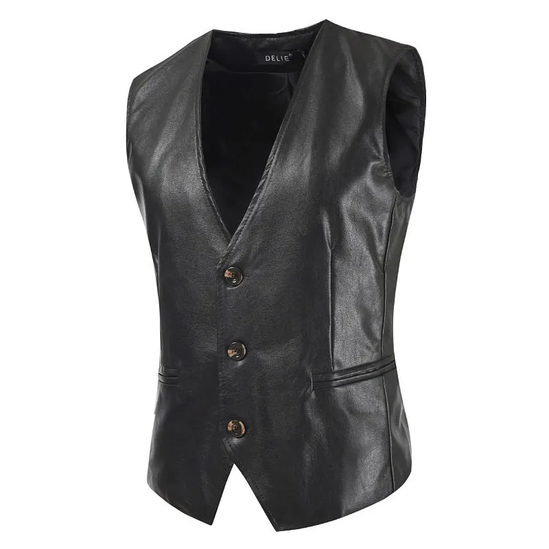 Men's British Style Slim Fit PU Leather Vest Single Breasted V-Neck Casual Business Waistcoat Plus Size