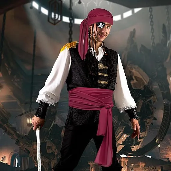 Middeleeuwse Renaissance Piraten Kostuum Set Canvas Hoofddoek Riem Vier Delige Outfit Voor Halloween Feest Volwassene