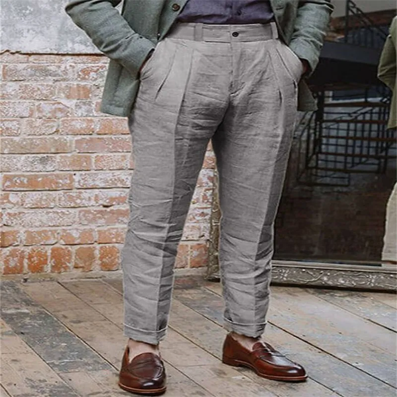 Men's Casual Cotton Linen Blend Trousers Solid Color Straight Leg Loose Fit Pants With Slant Pockets Daily Outdoor Wear