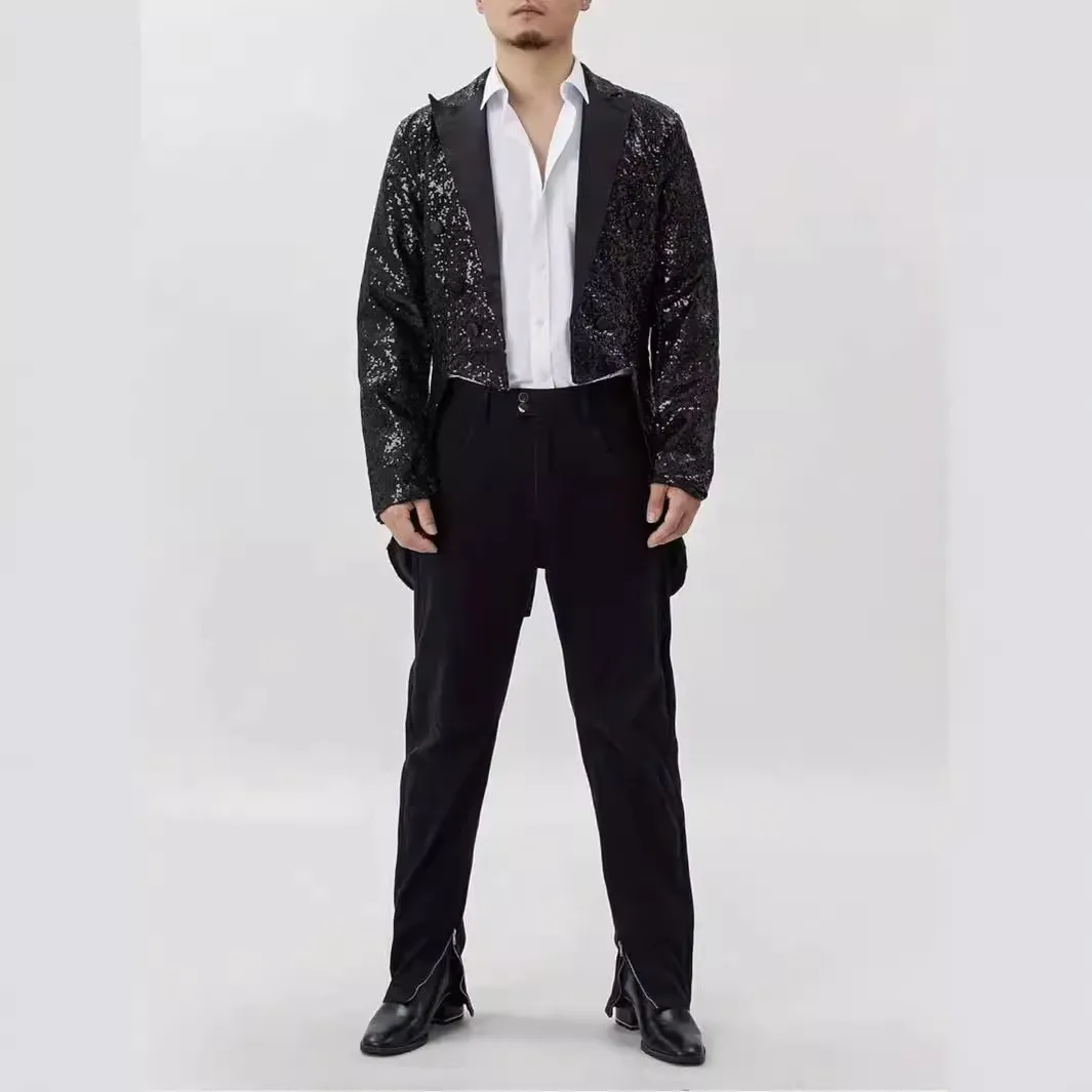 Men Sequined Tailcoat Tuxedo Jacket Sparkling Stage Performance Suit Outerwear For Nightclub Party Host Chorus