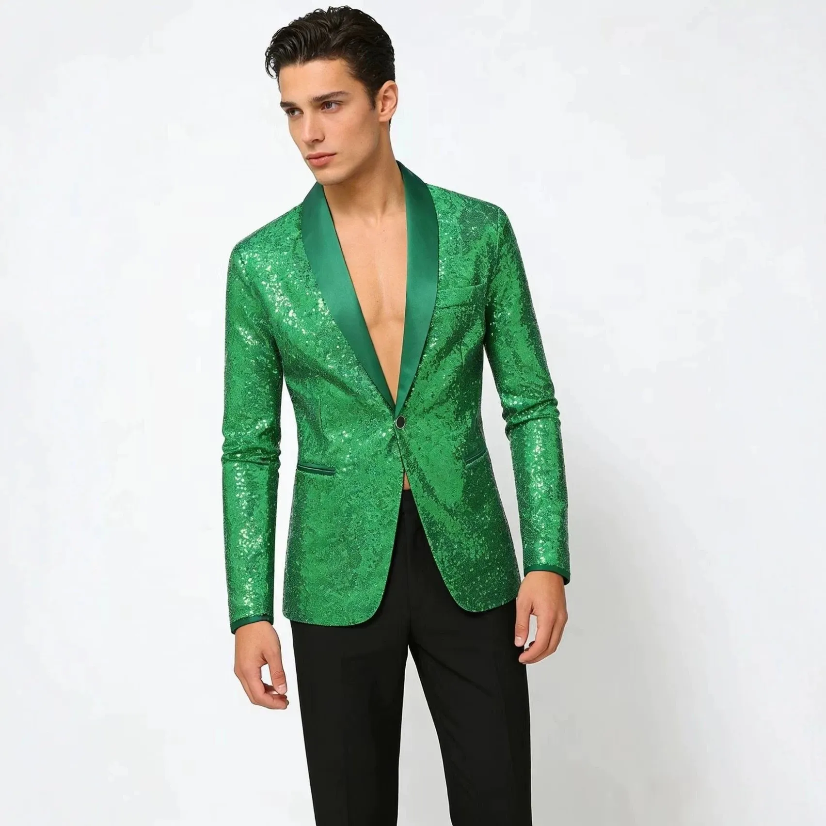 Chaqueta de Traje con Lentejuelas de Moda para Hombre Solapa Chal Monopetto Un Botón Blazer de Actuación