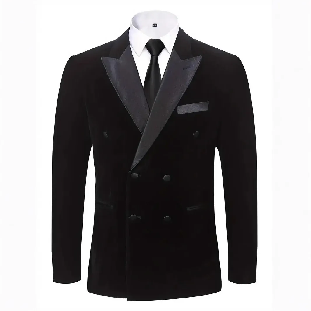 Men Velvet Casual Suit Jacket Slim Fit Double Breasted Blazer Wedding Banquet Groom Tuxedo Stylish Outerwear