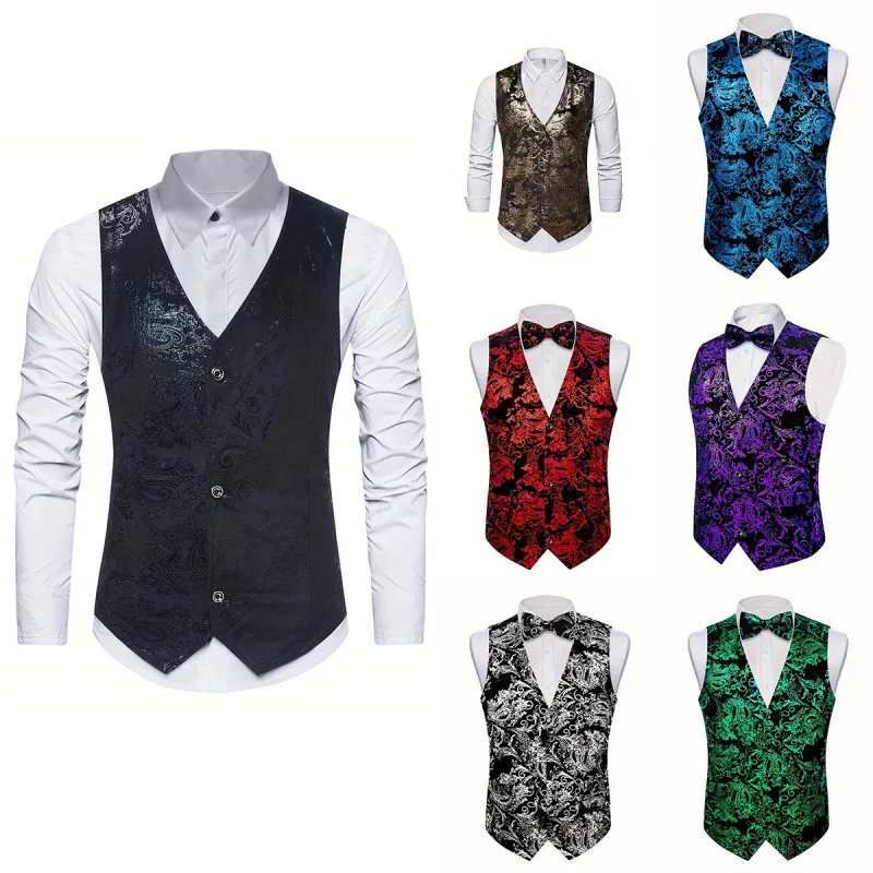 Men's Slim Fit Suit Vest Formal Business Casual V Neck Single Breasted Bronzing Floral Waistcoat For Wedding Party