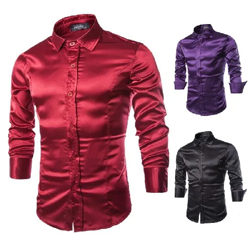 Men's Casual Long Sleeve Shirt Shiny Satin Solid Color Slim Fit Turn-down Collar Button Down Korean Style Tops