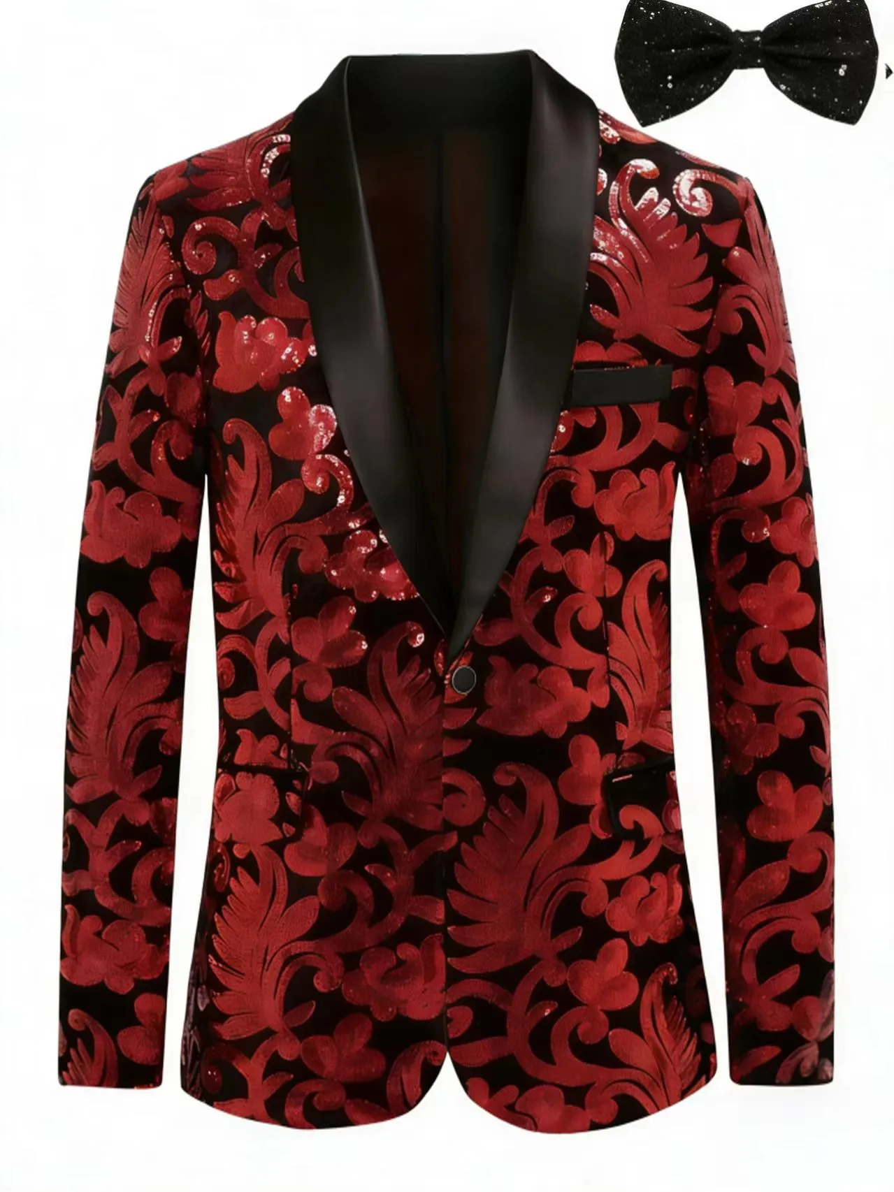 Men's Velvet Sequin Shawl Lapel Blazer Jacket Floral Print Single Button Suit Outerwear For Stage Performance Party Nightclub
