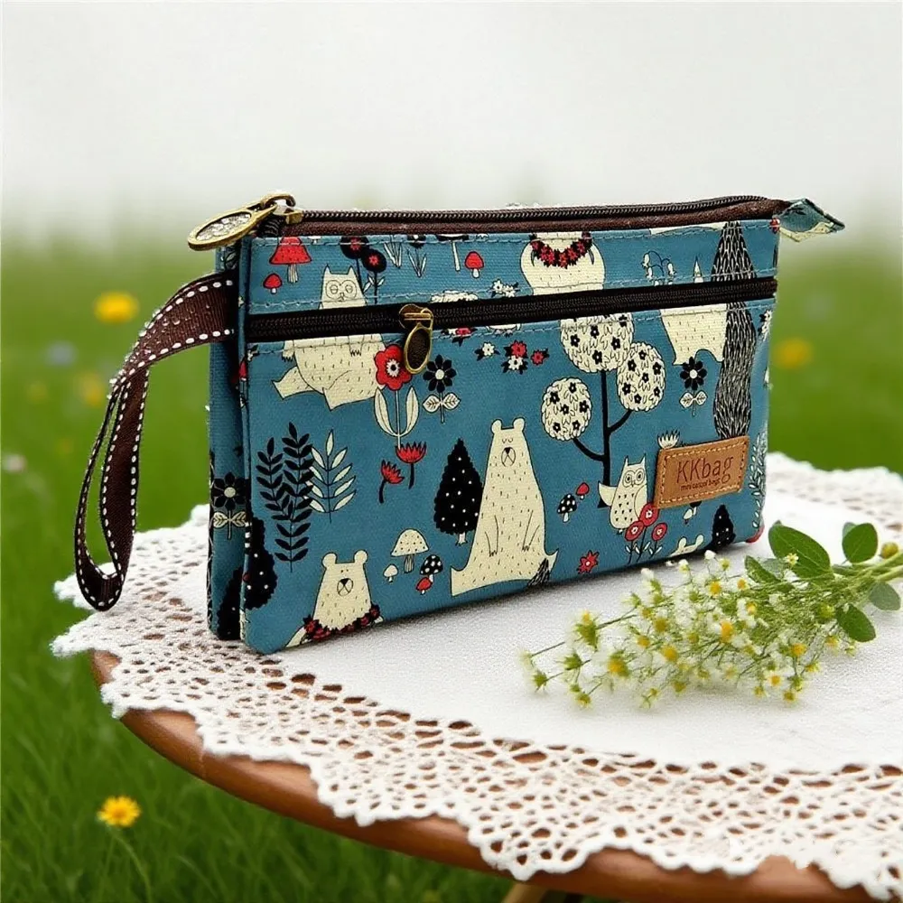 Pochette Zippée Multicouche pour Femmes Imprimé Cartoon Toile Imperméable Sac à Main Pochette de Poignet Sac de Maquillage
