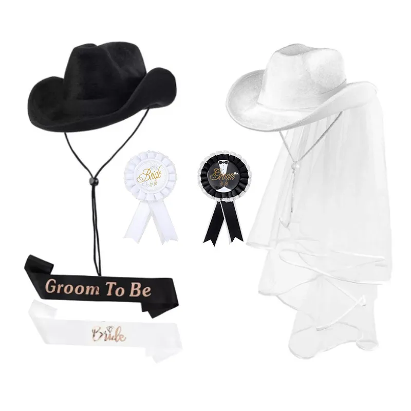 Junggesellenabschied Braut Und Bräutigam Schwarz Weiß Hochzeit Western Cowboy Hut Schleier Schärfe Set Party Deko