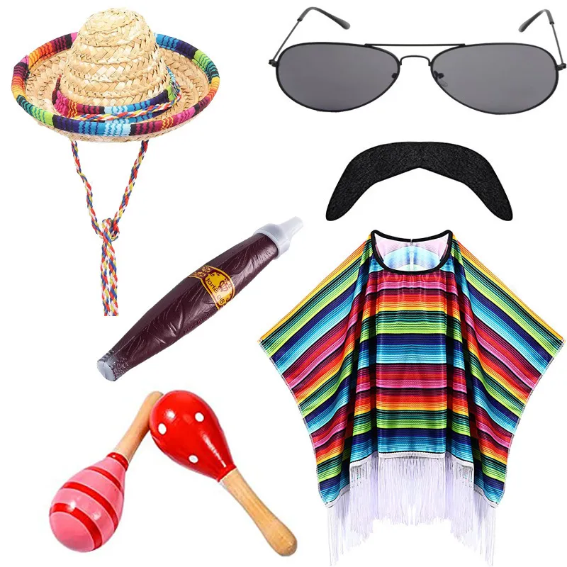 Ensemble de Costume de Fête Sombrero Cape Poncho Rayé Arc-en-Ciel Mexicain Cape à Franges Colorée Festival Carnaval Tenue Déguisement