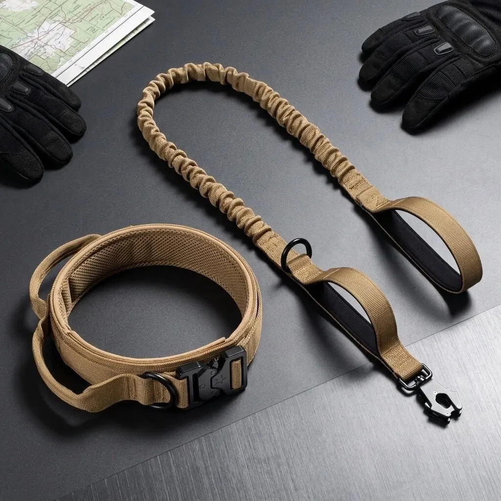 Conjunto de Collar y Correa Táctica para Perros Resistente Antitirones Collar de Adiestramiento con Mango Elástico para Perros Medianos y Grandes