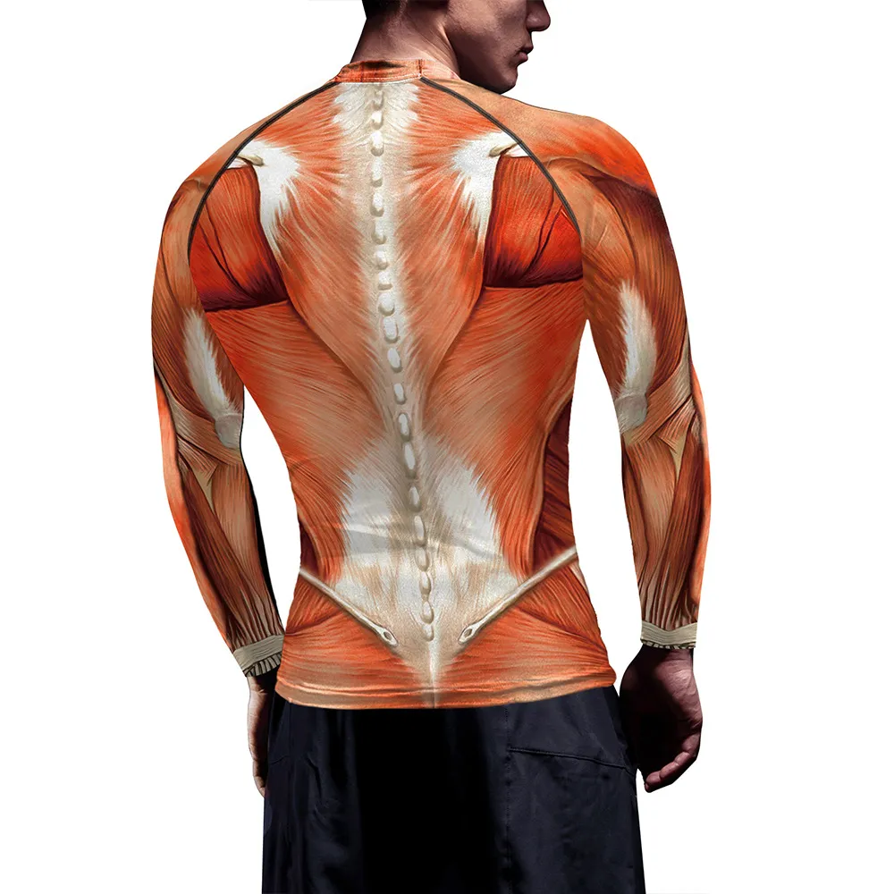 Heren 3D Spier Print Compressie Shirt Lange Korte Mouw Fitness Workout Top Athletische Training Gym Kleding