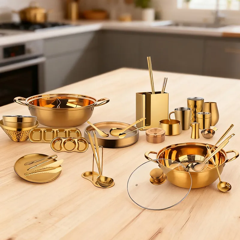 304 Stainless Steel Gold Tableware Set Commercial Household Hot Pot Soup Spoon Colander Dinnerware Kitchen Supplies