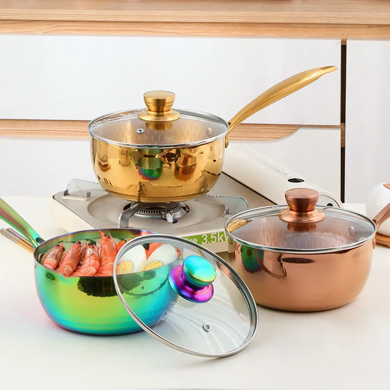 304 Stainless Steel Yukihira Pan Hammered Milk Pot Soup Pot With Glass Lid Multipurpose Kitchen Cookware Cooking Pot
