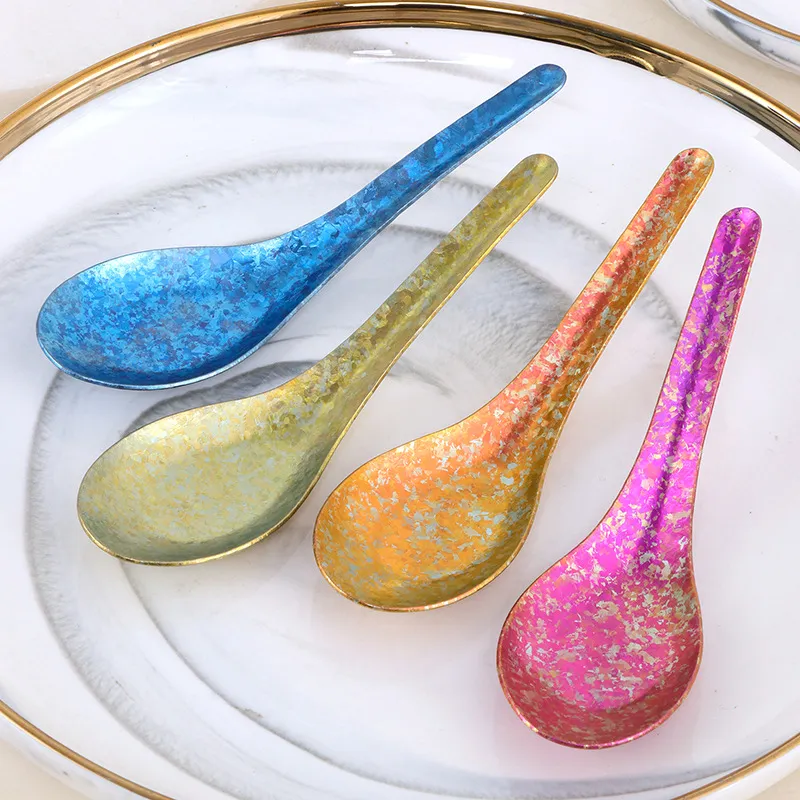Cuchara Plana de Titanio Puro Vajilla de Color Cristal de Hielo Cuchara de Sopa y Postre Doméstica Vajilla de Lujo