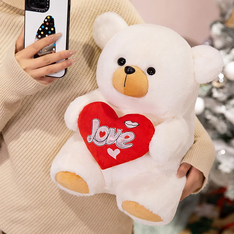Cute Stuffed Teddy Bear Plush Toy Hugging Heart with Love Embroidery Soft Animal Doll for Kids Girls Holiday Gift