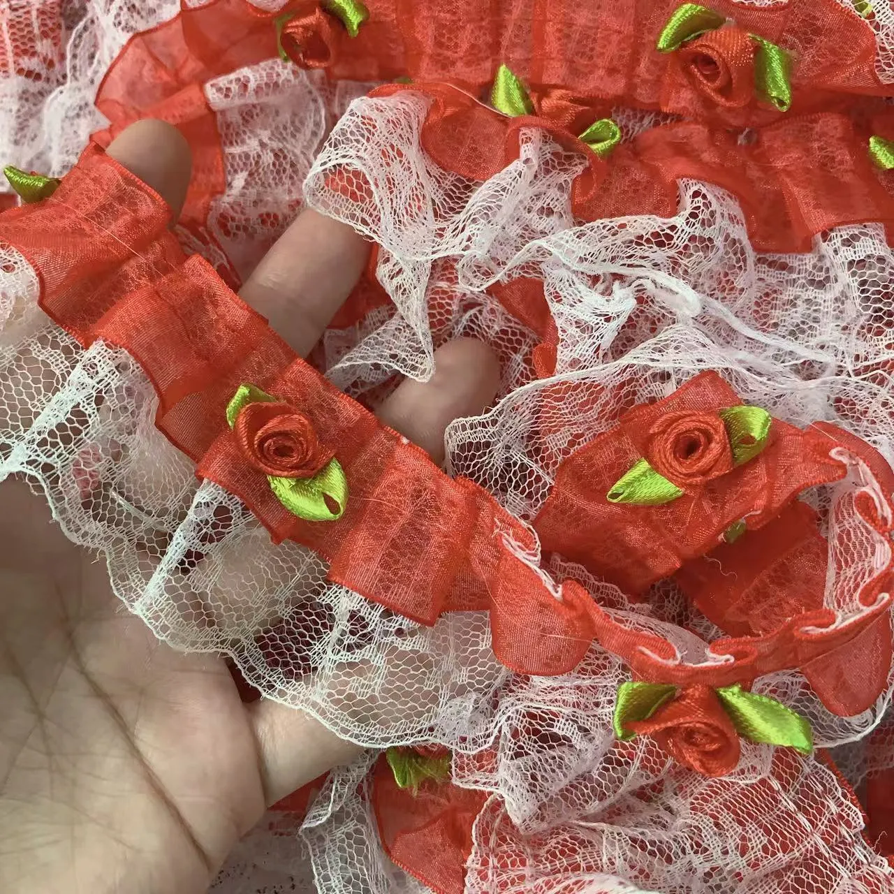 Double Layer Red Organza Handmade 3D Rose Flower Lace Trim Ribbon Fabric For Doll Clothes Craft DIY Sewing Decoration